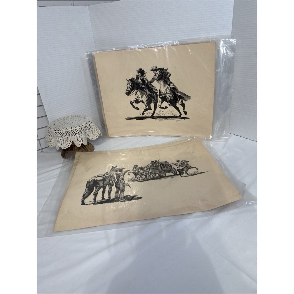 Vintage 6 Ink Prints of Drawings From The Wild West, Unframed 13"X 17". Signed.